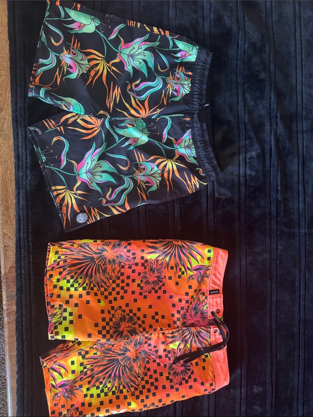 Kids Swim Trunks - Neon Orange Floral & Black Tropical Prints